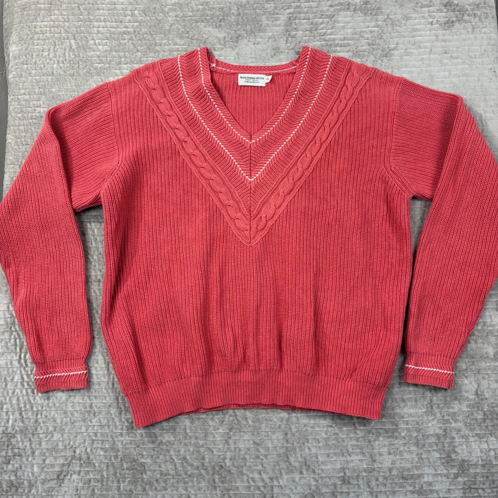 Abercrombie & Fitch Red Cable Knit V-Neck Sweater Vintage Style Women Medium